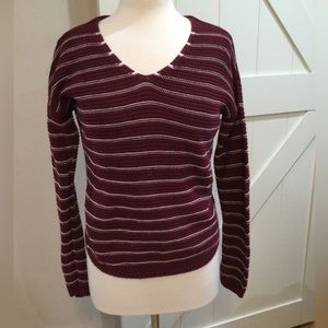 SO, Large Cranberry, v neck long sleeve striped sweater